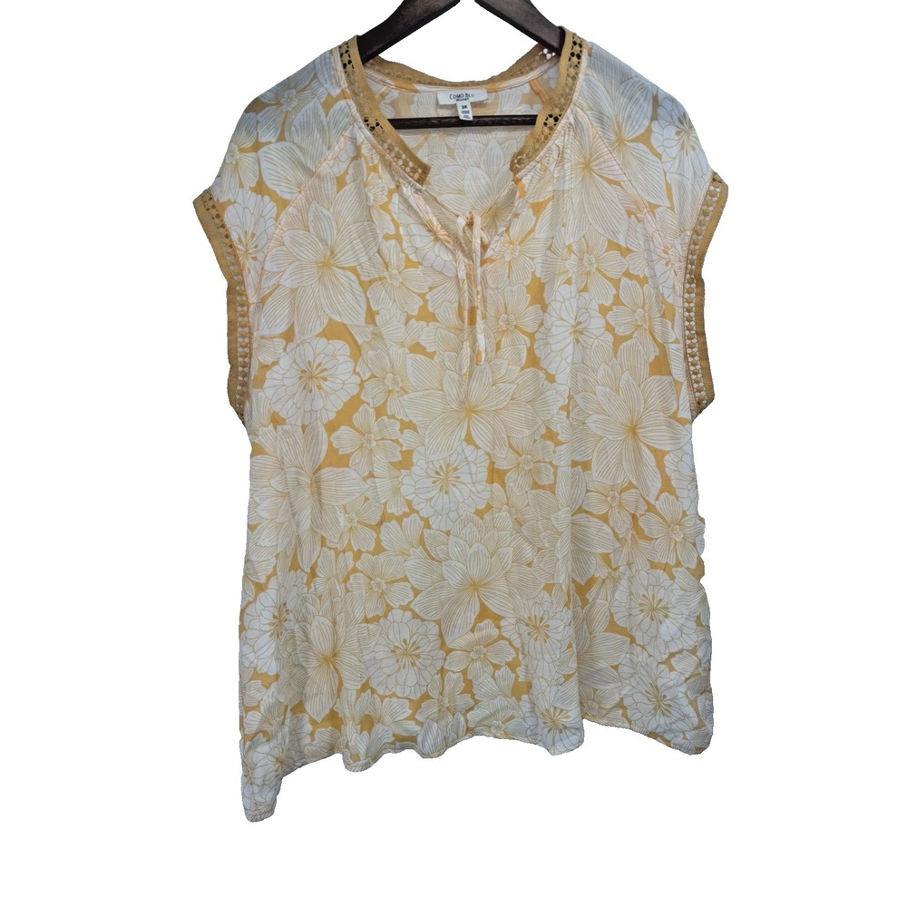 COMO BLU 2X Short Sleeve‎ Gauzy floral blouse sheer light breathable boho plus
